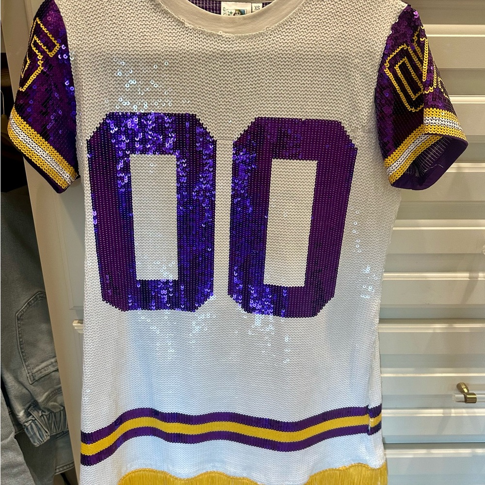 QUEEN OF SPARKLES Purple and White Sequin Mini Dress